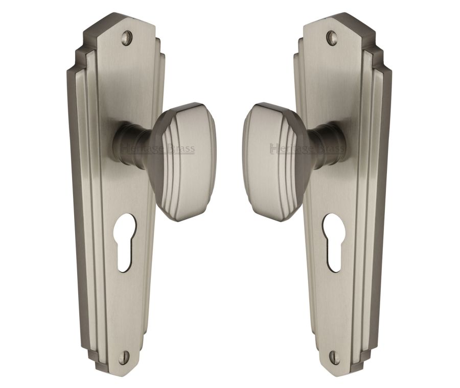 Heritage Brass Satin Nickel Charlston Door Knob on Plate - Euro Profile