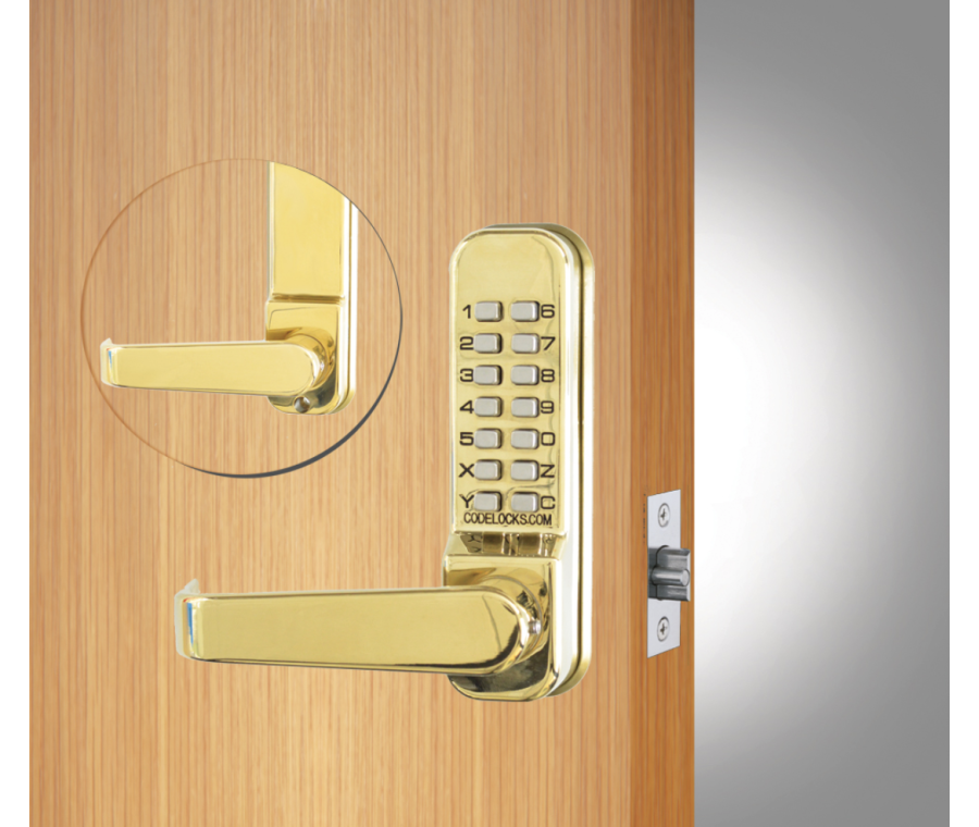 Codelocks CL410 MECHANICAL Tubular Mortice Latch PVD Polished Brass with lever handle