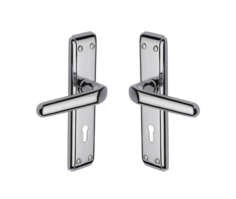 Heritage Brass Polished Chrome Deco Door Handle on Plate - Lever Lock
