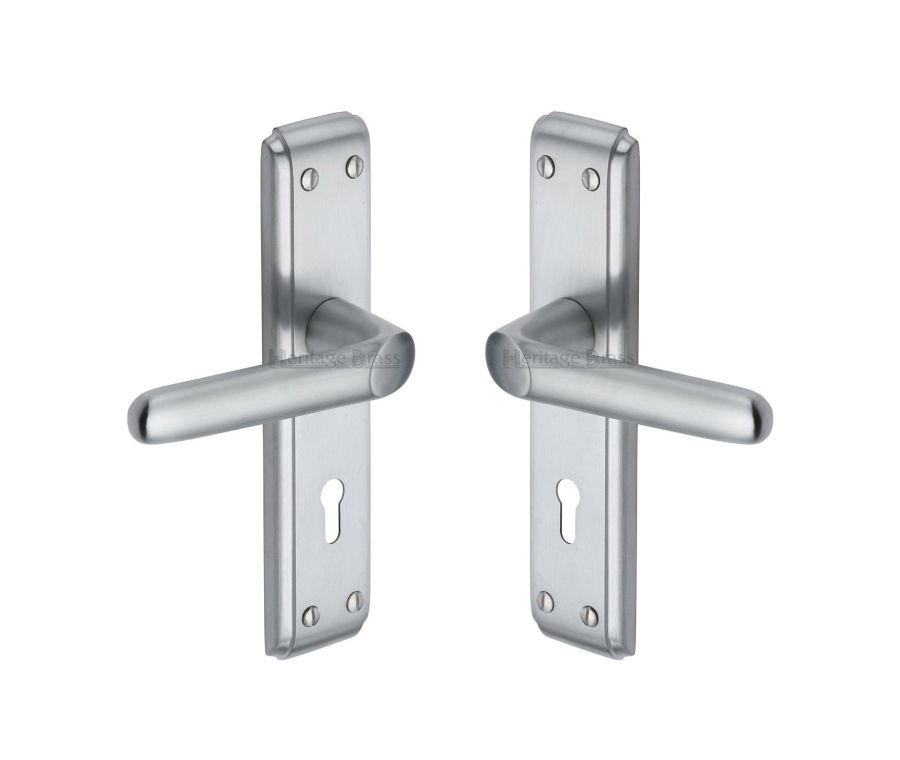 Heritage Brass Satin Chrome Deco Door Handle on Plate - Lever Lock