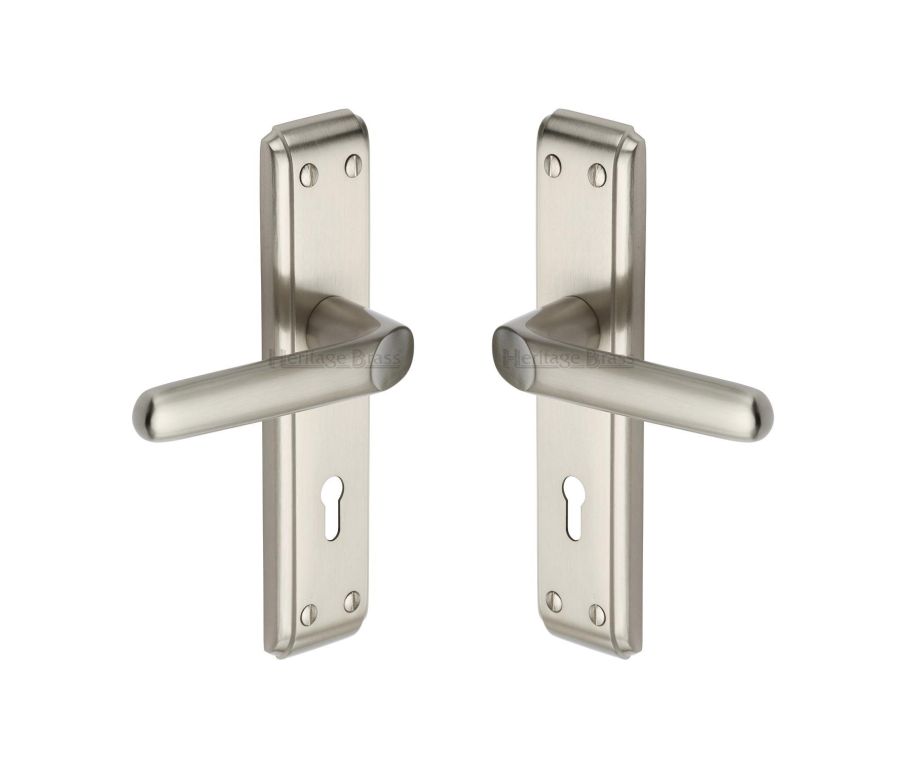 Heritage Brass Satin Nickel Deco Door Handle on Plate - Lever Lock