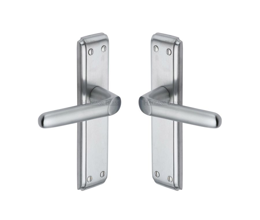 Heritage Brass Satin Chrome Deco Door Handle on Plate - Lever Latch
