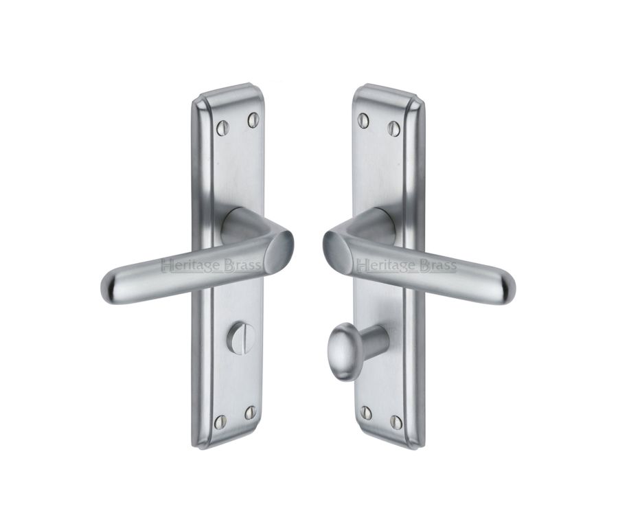 Heritage Brass Satin Chrome Deco Door Handle on Plate - Bathroom Set