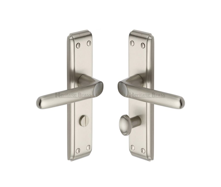 Heritage Brass Satin Nickel Deco Door Handle on Plate - Bathroom Set