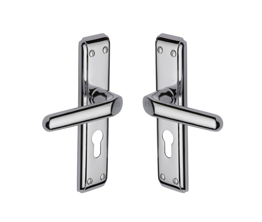 Heritage Brass Polished Chrome Deco Door Handle on Plate - Euro Profile