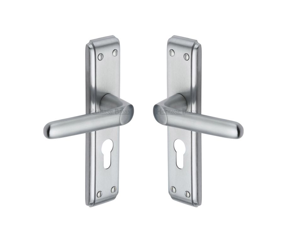 Heritage Brass Satin Chrome Deco Door Handle on Plate - Euro Profile
