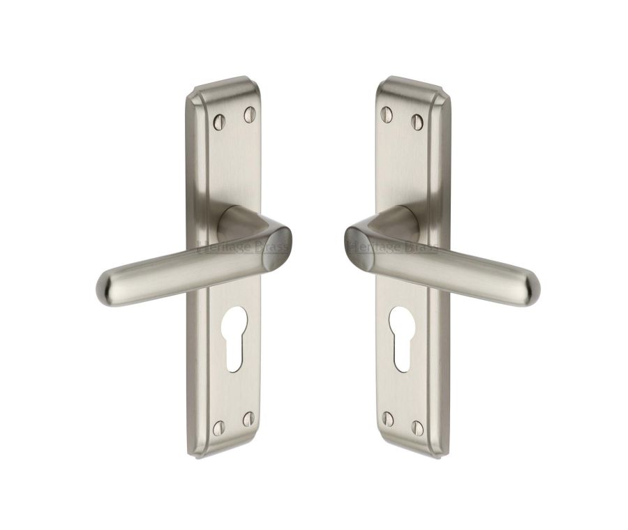 Heritage Brass Satin Nickel Deco Door Handle on Plate - Euro Profile