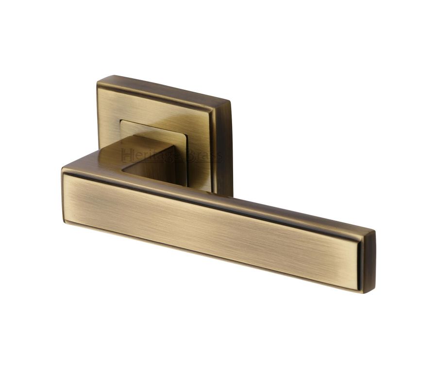 Antique Brass Linear Sq Door Handle on Square Rose