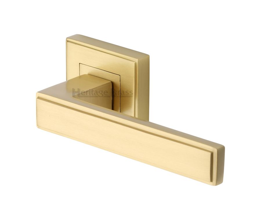 Satin Brass Linear Sq Door Handle on Square Rose