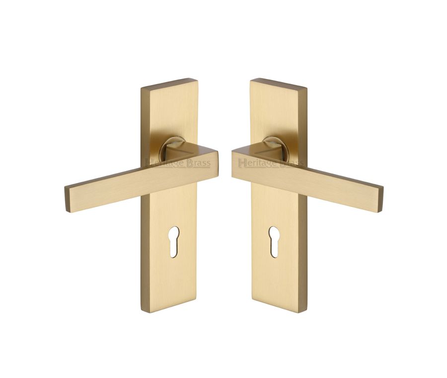 Heritage Brass Satin Brass Delta Door Handle on Plate - Lever Lock