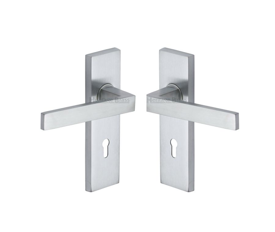 Heritage Brass Satin Chrome Delta Door Handle on Plate - Lever Lock