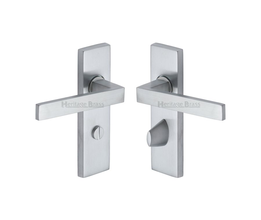 Heritage Brass Satin Chrome Delta Door Handle on Plate - Bathroom Set