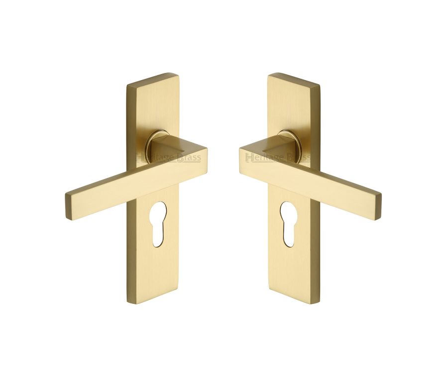 Heritage Brass Satin Brass Delta Door Handle on Plate - Euro Profile