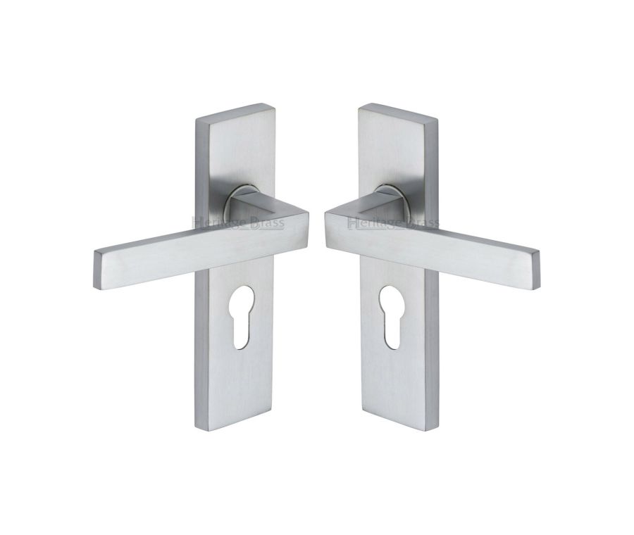 Heritage Brass Satin Chrome Delta Door Handle on Plate - Euro Profile