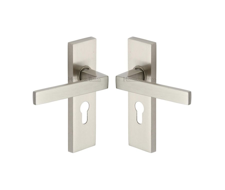 Heritage Brass Satin Nickel Delta Door Handle on Plate - Euro Profile