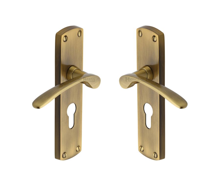 Heritage Brass Antique Brass Diplomat Door Handle on Plate - Euro Profile