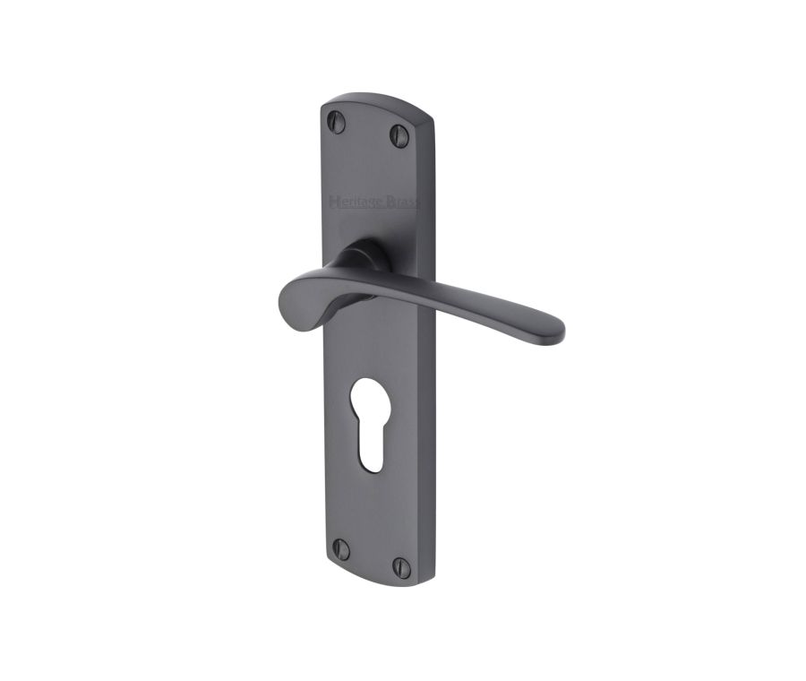 Heritage Brass Matt Black Diplomat Door Handle on Plate - Euro Profile
