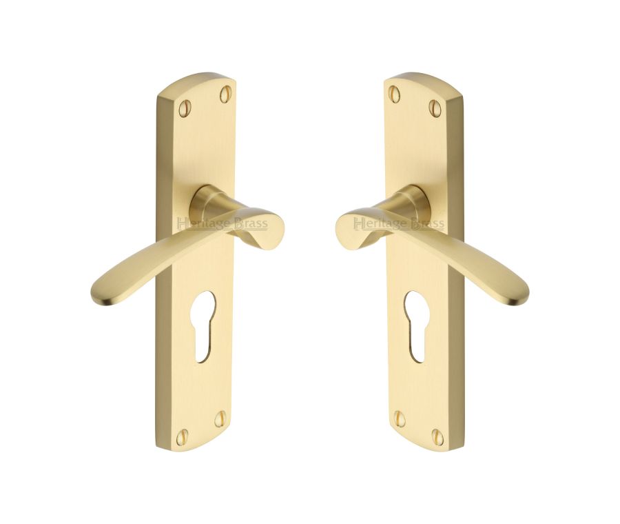 Heritage Brass Satin Brass Diplomat Door Handle on Plate - Euro Profile