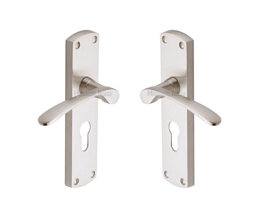Heritage Brass Satin Nickel Diplomat Door Handle on Plate - Euro Profile