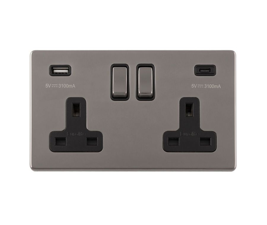 Eurolite Black Nickel Concealed 3mm 2 Gang USBC Socket | ECBN2USBCB