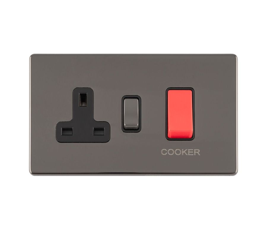 Eurolite Black Nickel Plate 1 Gang 45A Cooker Switch with Socket | ECBN45ASWASB