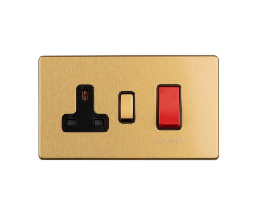 Eurolite Satin Brass Plate 1 Gang 45A Cooker Switch with Socket | ECSB45ASWASB