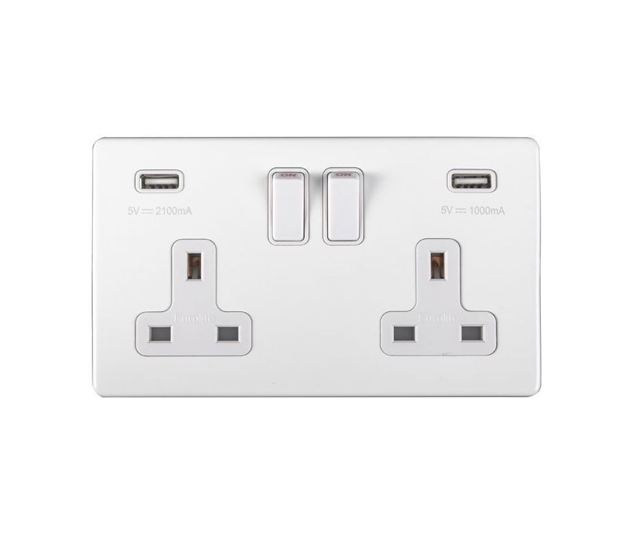 Eurolite White Plate 2 Gang 13A DP Switched Socket with USB | ECW2USBW