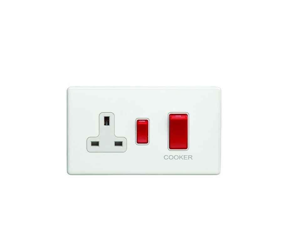 Eurolite White Plate 1 Gang 45A Cooker Switch with Socket | ECW45ASWASW
