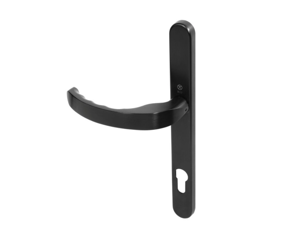 BLU Satin Black EGC096 Ergonomic Lever Door Handle on euro backplate  |  EGC096-PBK