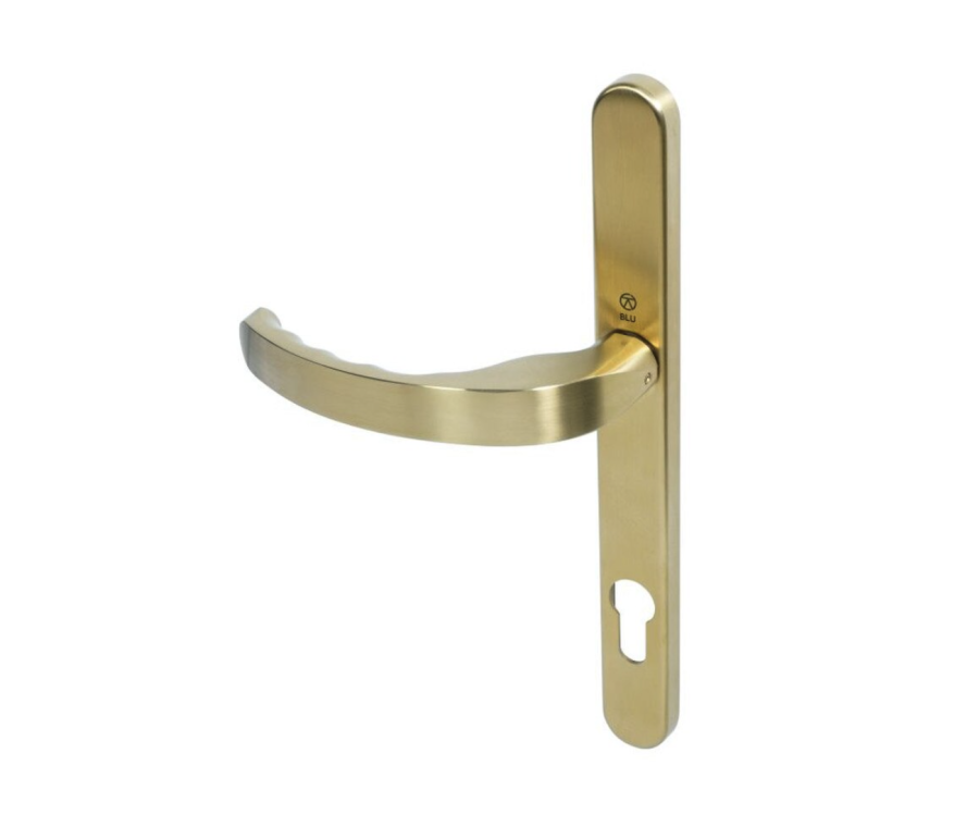 BLU Satin Brass EGC096 Ergonomic Lever Door Handle on euro backplate |  EGC096-PSB