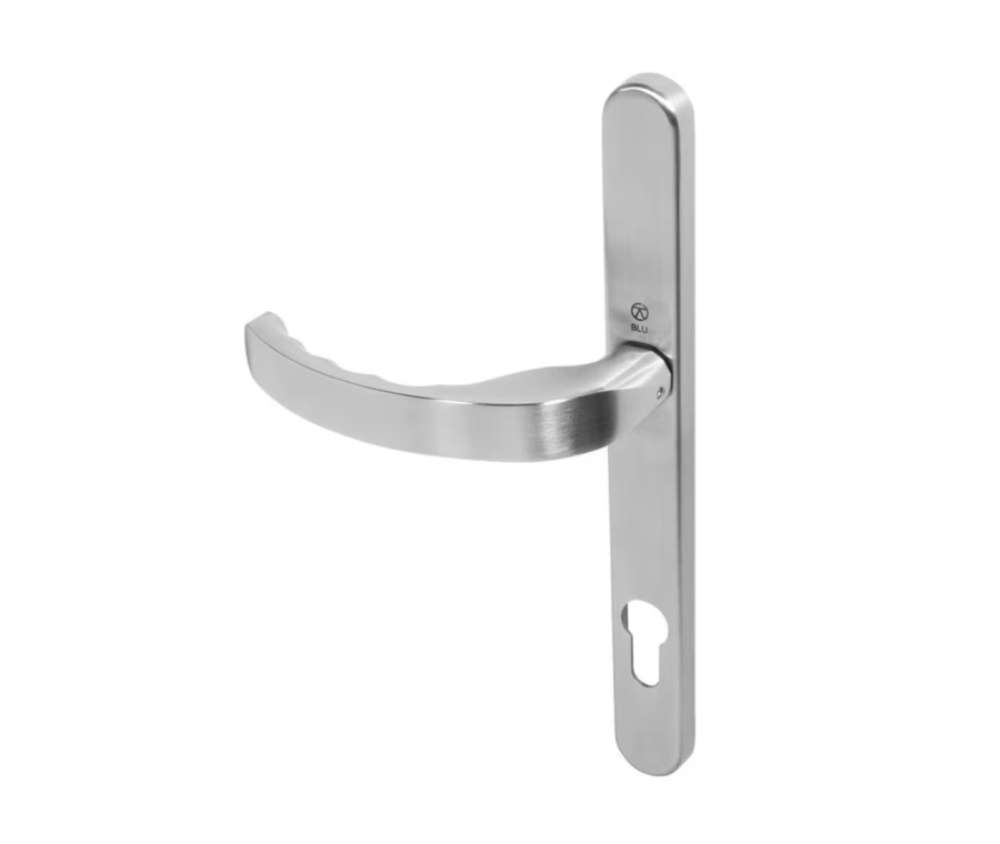 BLU Satin Stainless Steel EGC096 Ergonomic Lever Door Handle on euro backplate  |  EGC096-SSS