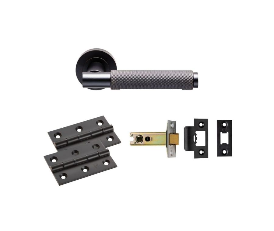 Matt Black Varese Knurled Lever Handle Door Kit - Latch