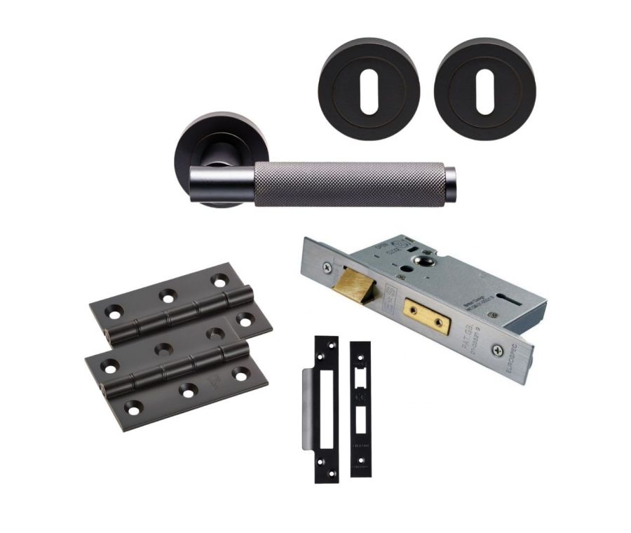 Matt Black Varese Knurled Lever Handle Door Kit - Lock