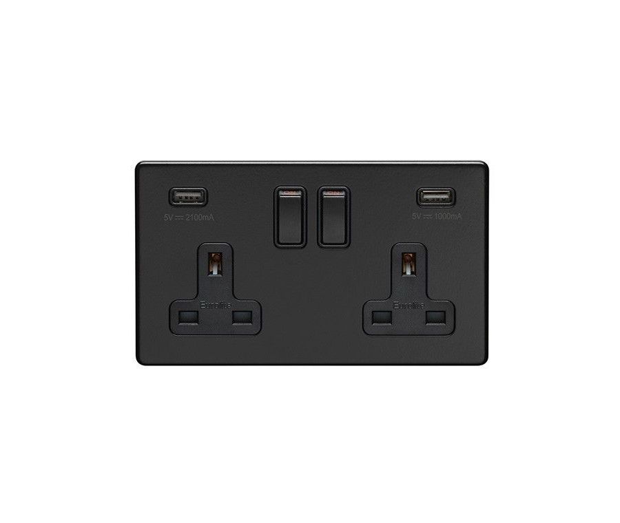 Eurolite Matt Black 2 Gang 13A DP Switched Socket with USB | ECMB2USBB