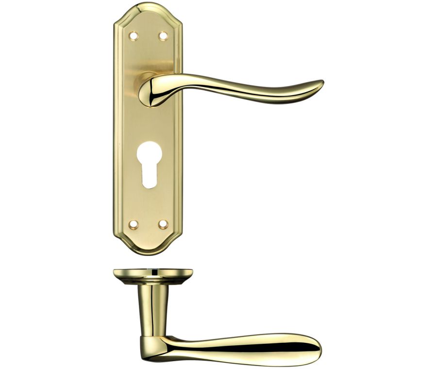 Set Satin Brass & Pol. Brass Lincoln Euro Lock on backplate | FB041EPSBPB