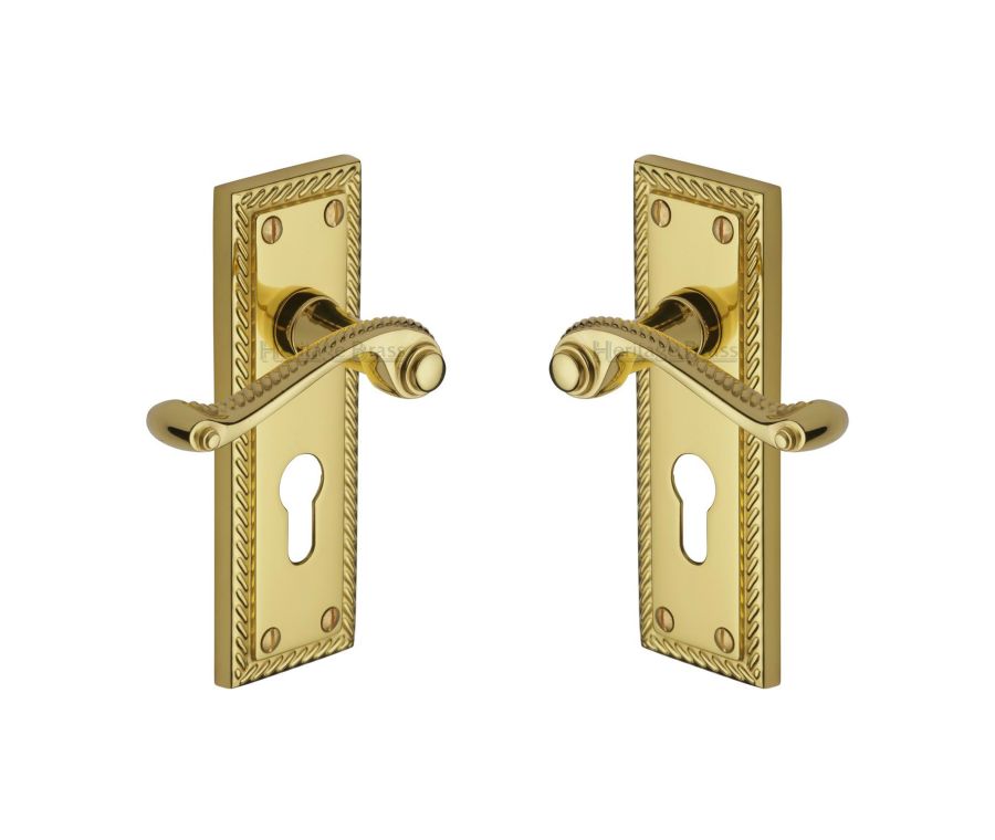Heritage Brass Polished Brass Georgian Door Handle on Plate - Euro Profile