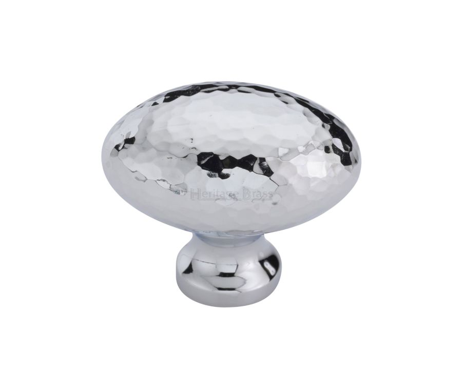 Heritage Brass Polished Chrome Victorian Oval Cabinet Knob Hammered Design 38mm