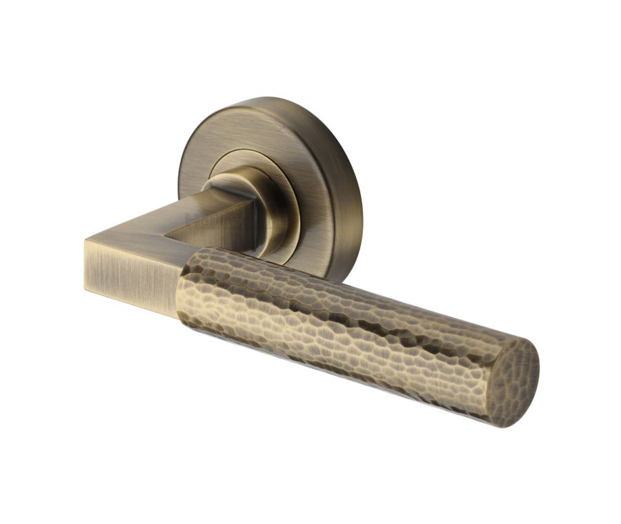 Antique Brass Hammered Bauhaus Door Handle on Round Rose
