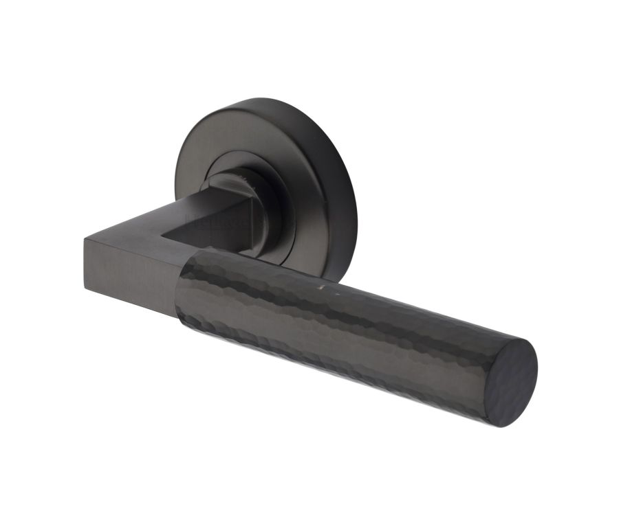 Matt Bronze Hammered Bauhaus Door Handle on Round Rose