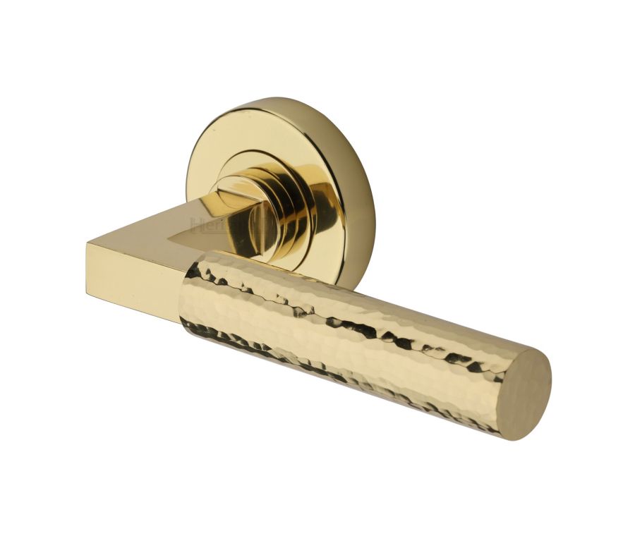 Polished Brass Hammered Bauhaus Door Handle on Round Rose