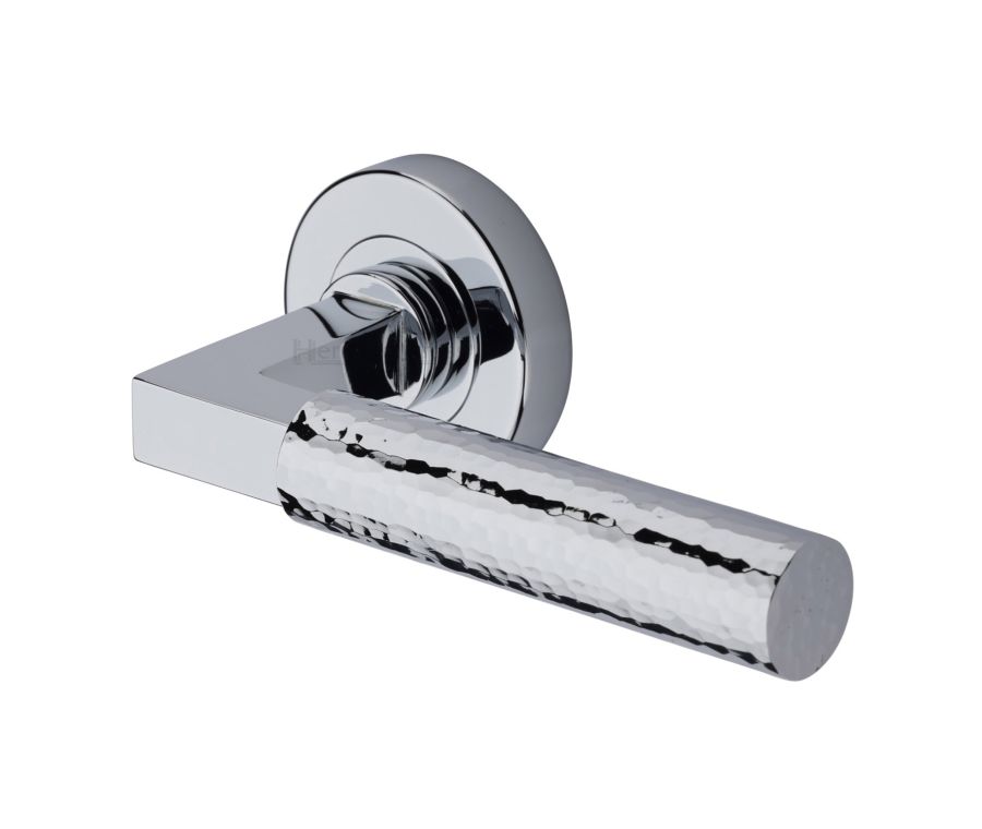Polished Chrome Hammered Bauhaus Door Handle on Round Rose