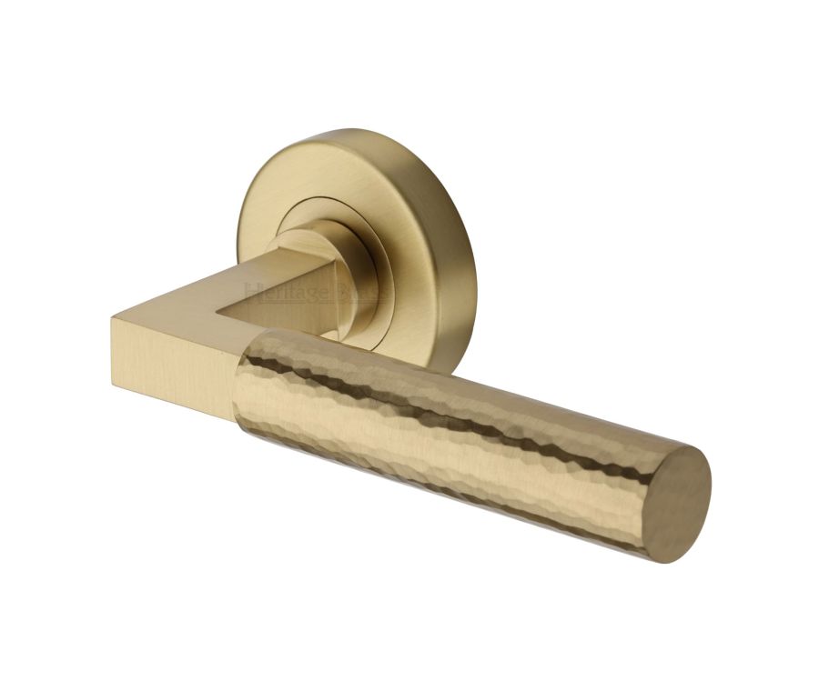 Satin Brass Hammered Bauhaus Door Handle on Round Rose