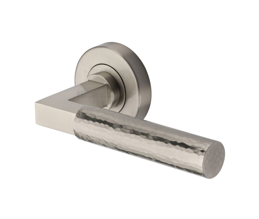 Satin Nickel Hammered Bauhaus Door Handle on Round Rose