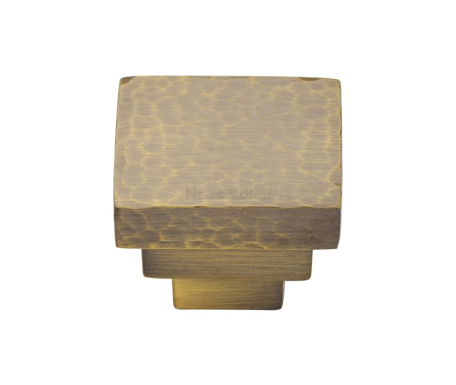 Heritage Brass Antique Brass Square Stepped Cabinet Knob Hammered Design 32mm
