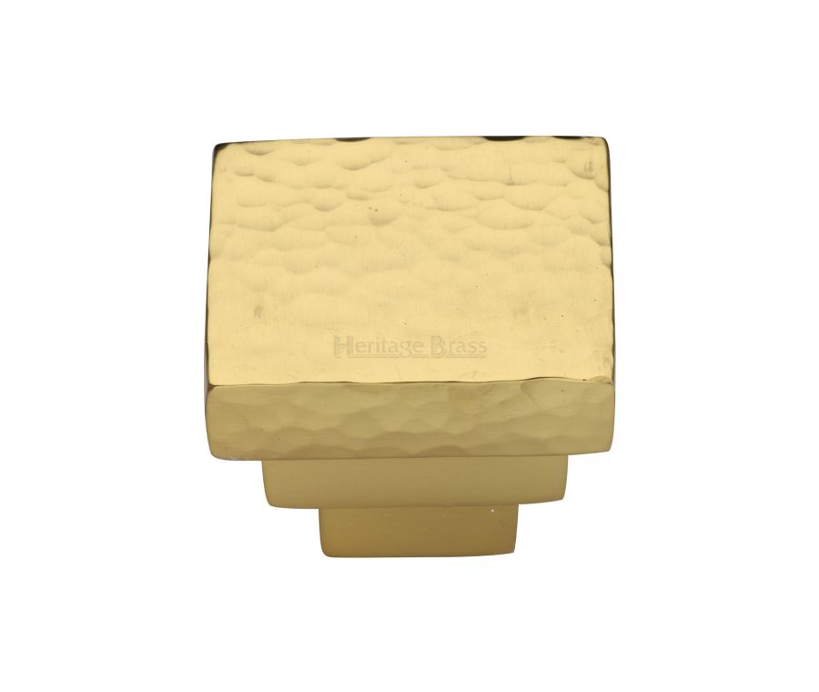 Heritage Brass Polished Brass Square Stepped Cabinet Knob Hammered Design 32mm