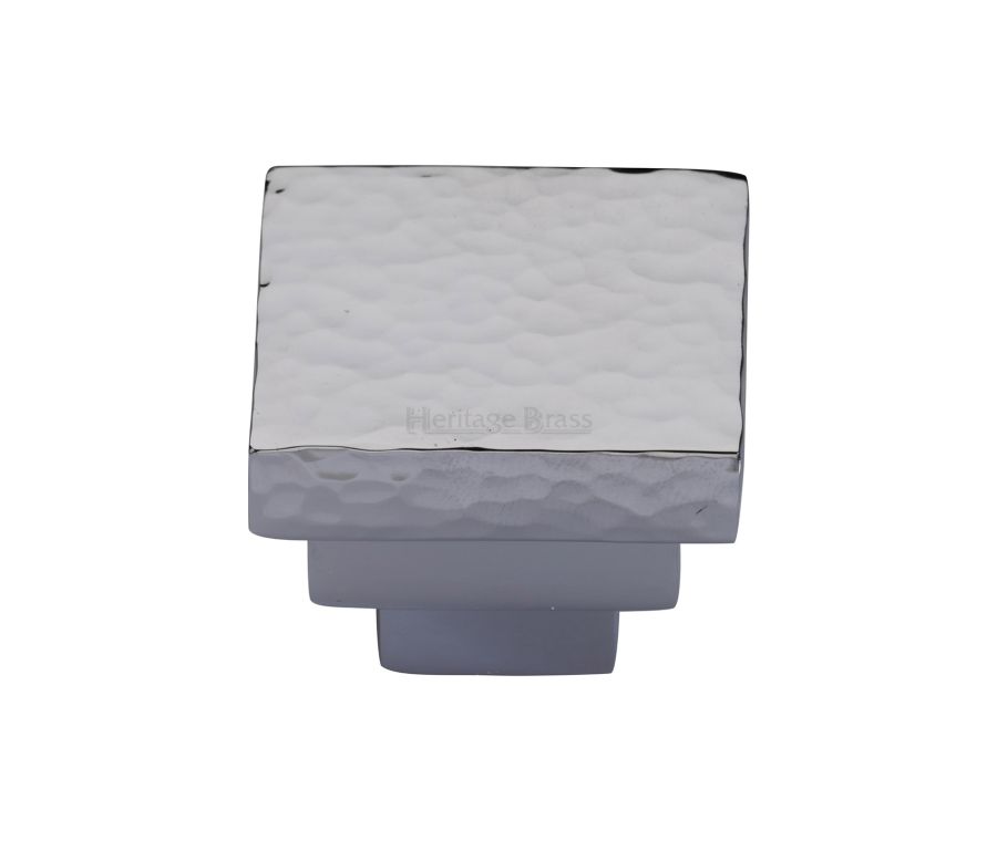 Heritage Brass Polished Chrome Square Stepped Cabinet Knob Hammered Design 32mm