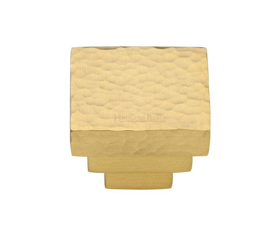 Heritage Brass Satin Brass Square Stepped Cabinet Knob Hammered Design 32mm