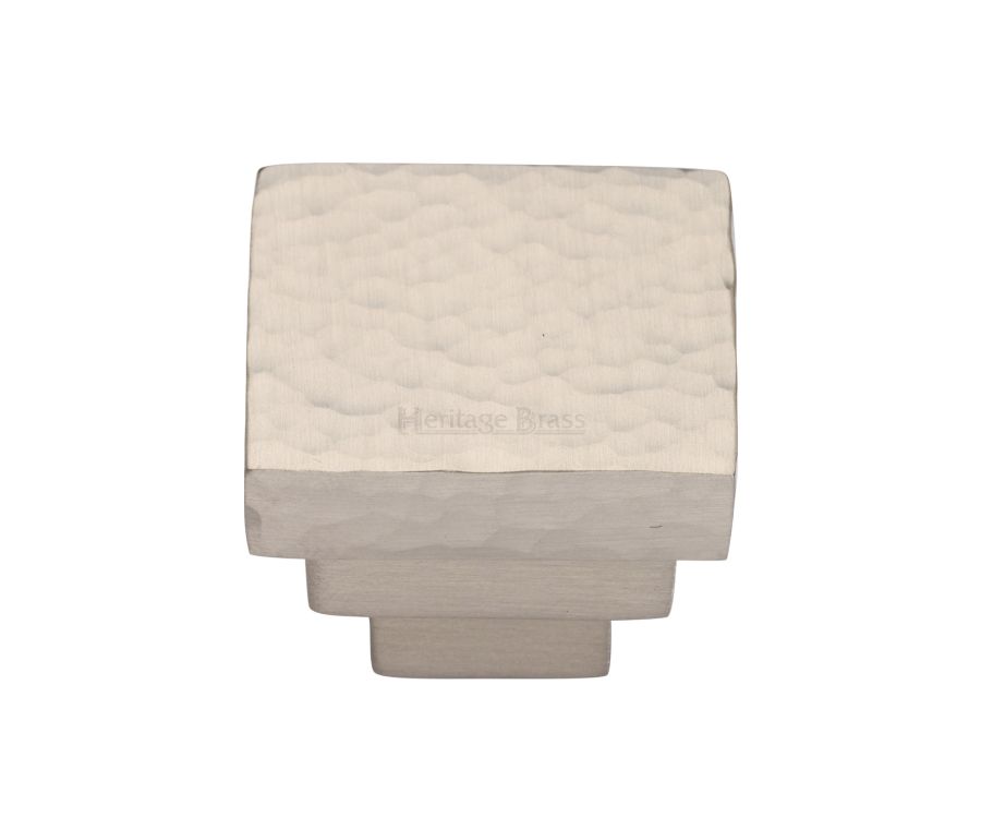 Heritage Brass Satin Nickel Square Stepped Cabinet Knob Hammered Design 32mm