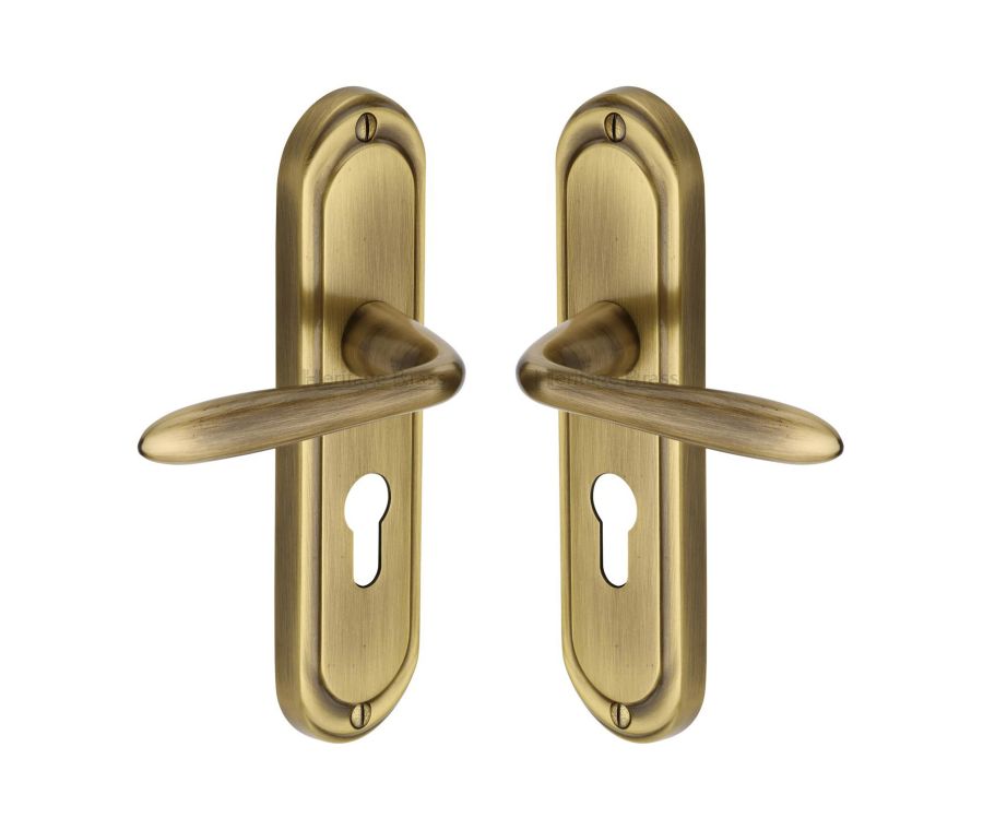 Heritage Brass Antique Brass Henley Door Handle on Plate - Euro Profile