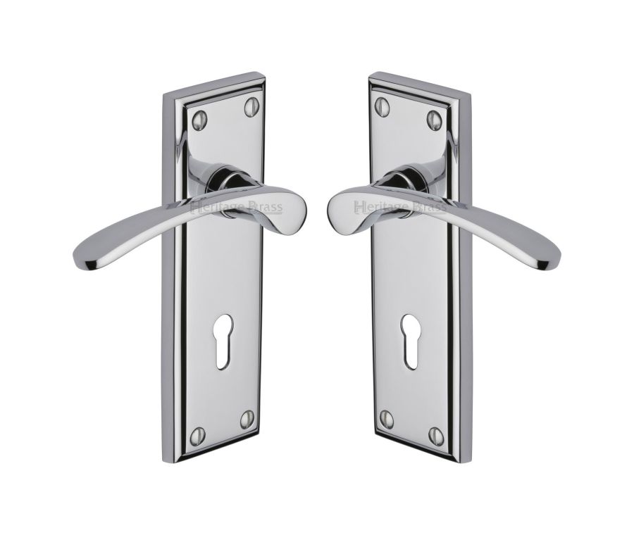 Heritage Brass Polished Chrome Hilton Door Handle on Plate - Lever Lock